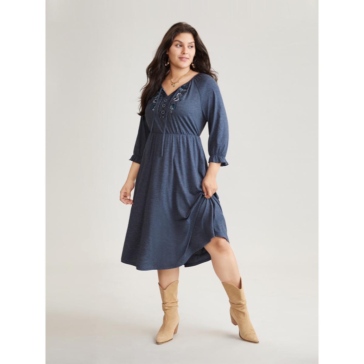 Plus Size Floral Embroidered Knot Neck Lantern Sleeve Dress DarkBlue Women Vacation Plain Tie Neck Elbow-length sleeve Curvy Midi Dress BloomChic 28/5X Product Image