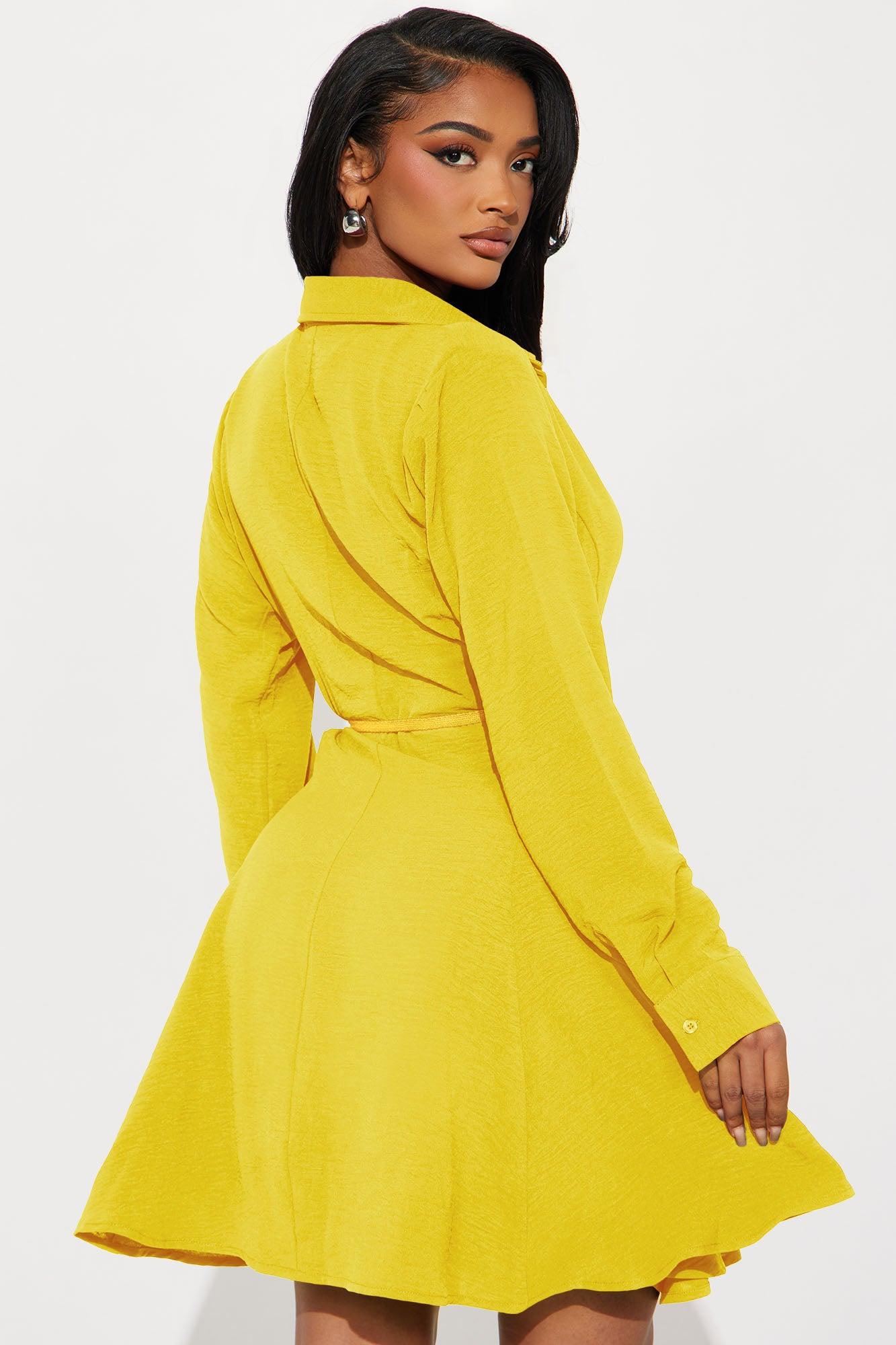 Gloria Tie Waist Mini Shirt Dress - Mustard Product Image