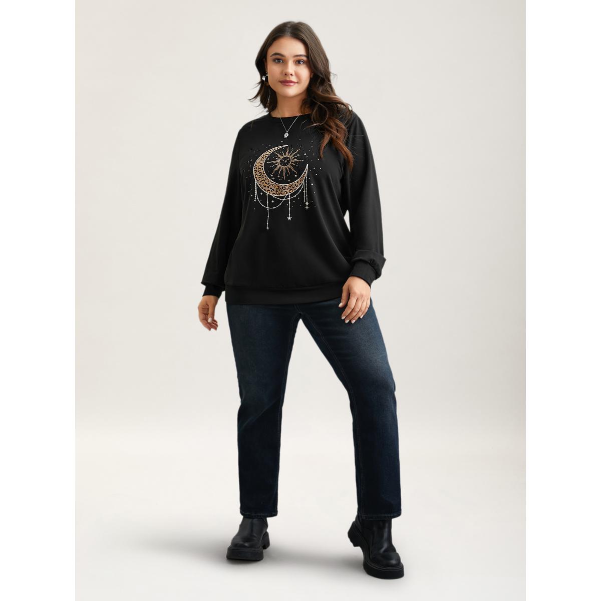 Plus Size Crew Neck Celestial Print Stretch Sweatshirt Women Black Casual Non Round Neck Everyday Sweatshirts BloomChic 10/M Product Image