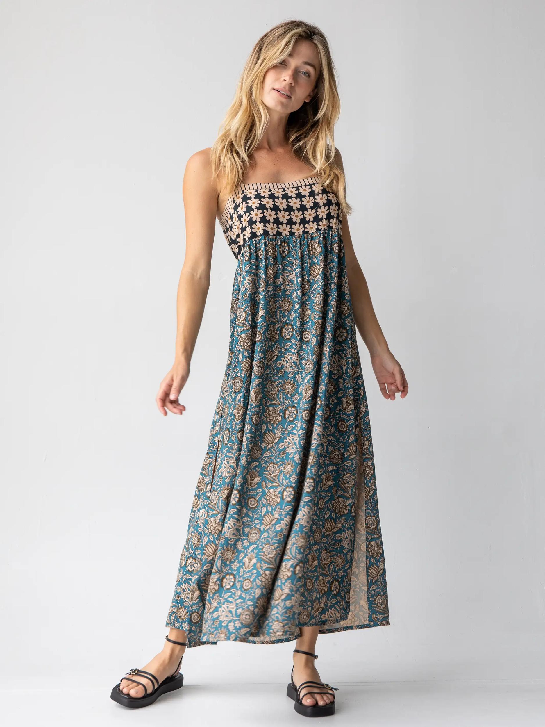 Patti Side Slit Maxi Dress - Teal Cream Mixed Floral Product Image