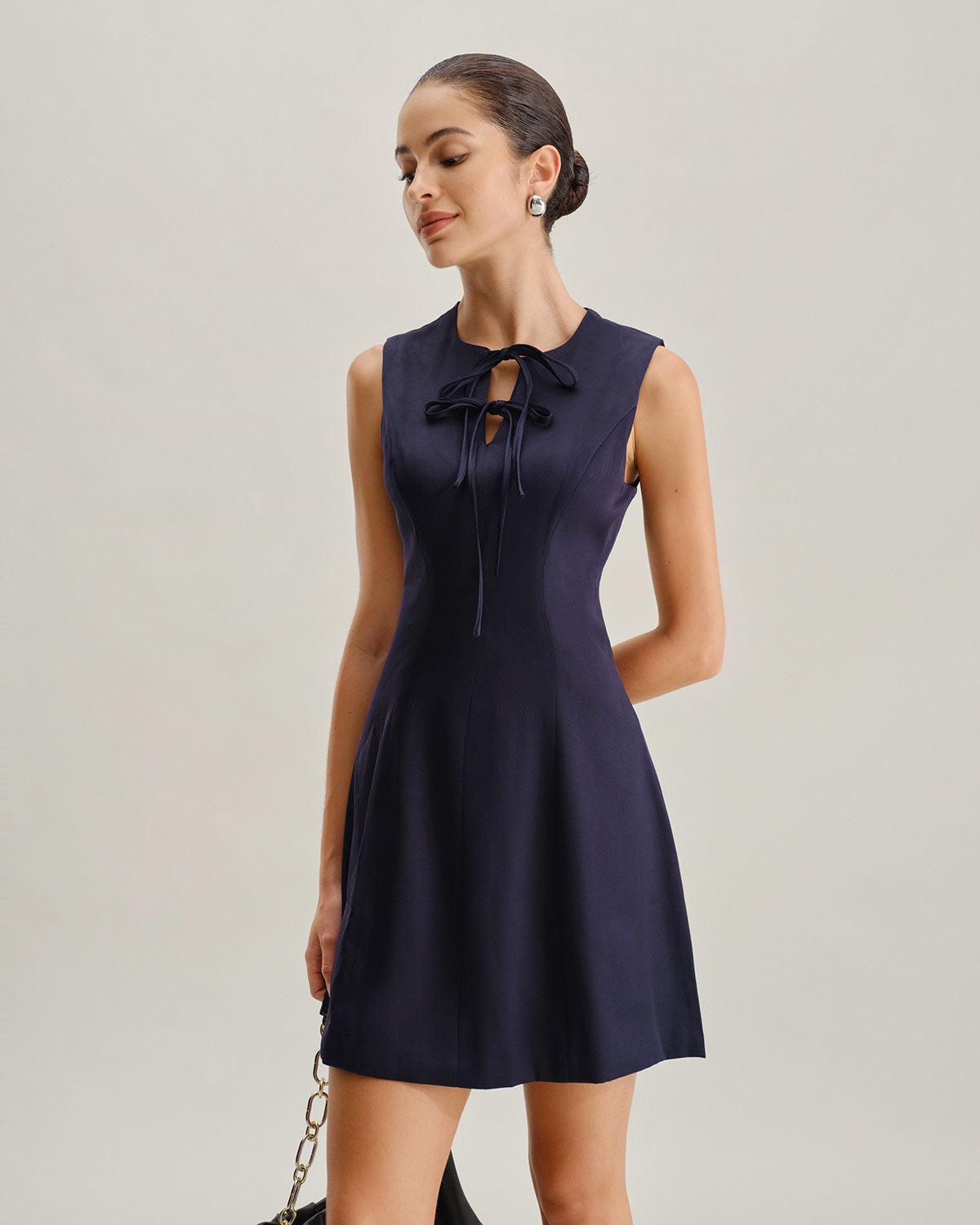 Blue Round Neck Sleeveless A-Line Mini Dress Product Image