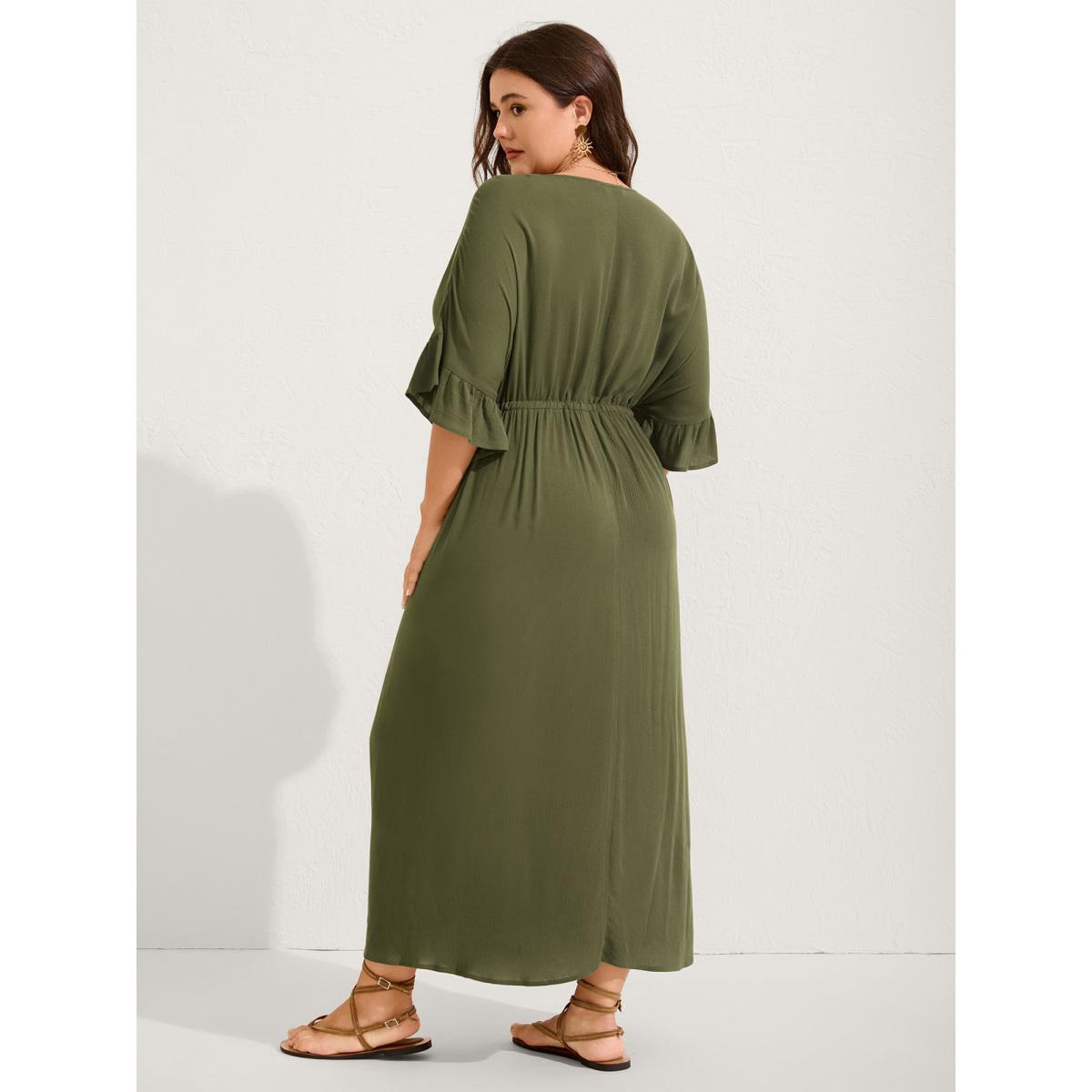 Plus Size Waist-Defining Tie Ruffled Sleeve Midi Dress ArmyGreen Women Boho V-neck Half Sleeve Curvy BloomChic 22-24/3X Product Image