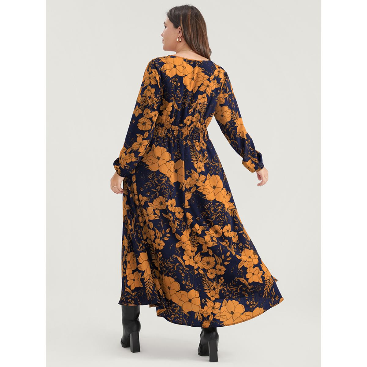 Plus Size Floral Print Pocket Wrap Lantern Sleeve Split Hem Dress Yellow Women Elegant Pocket V-neck Long Sleeve Curvy Midi Dress BloomChic 22-24/3X Product Image
