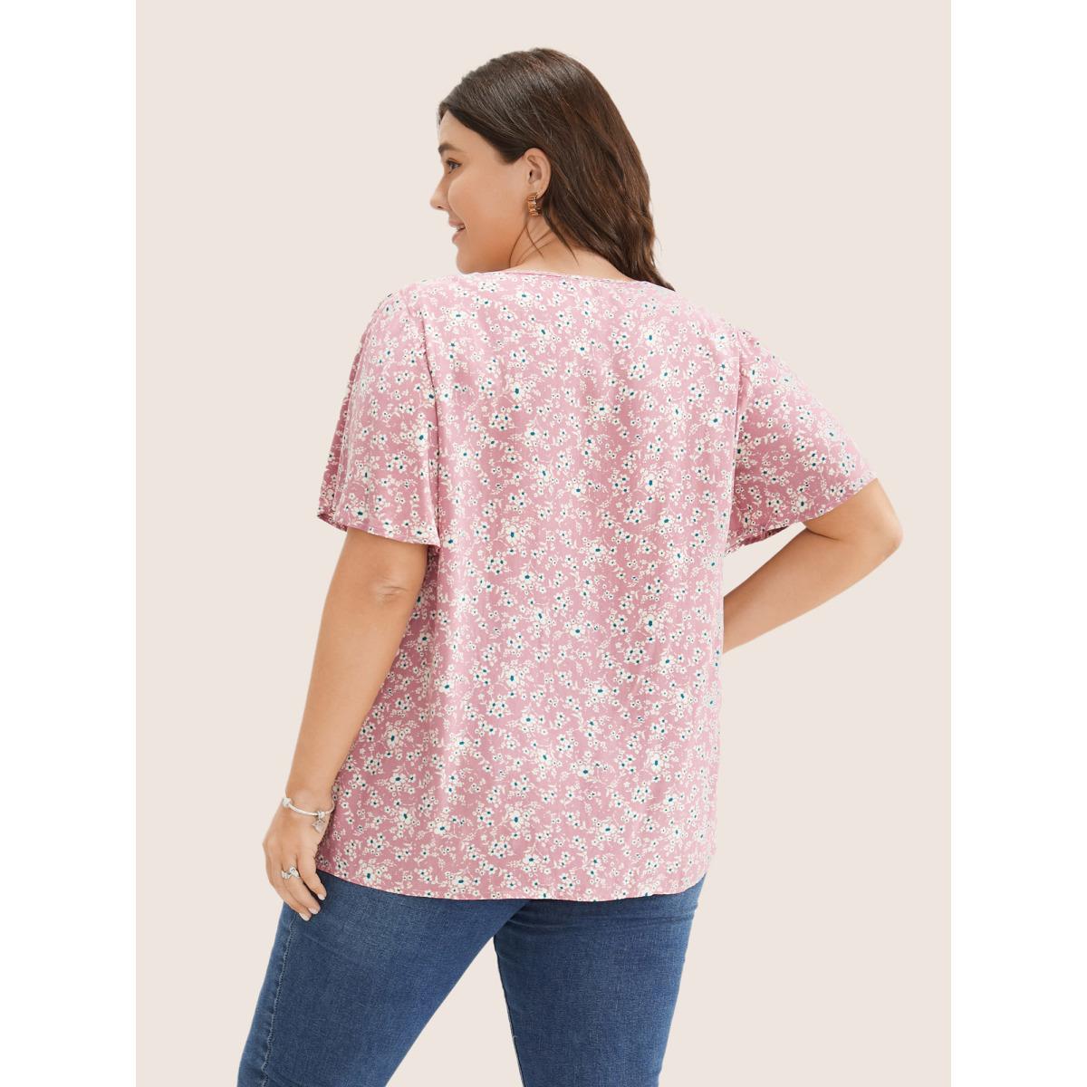 Plus Size Pink Ditsy Floral Contrast Ruffle Sleeve Button Detail Blouse Women Elegant Short sleeve Non Everyday Blouses BloomChic 12/L Product Image