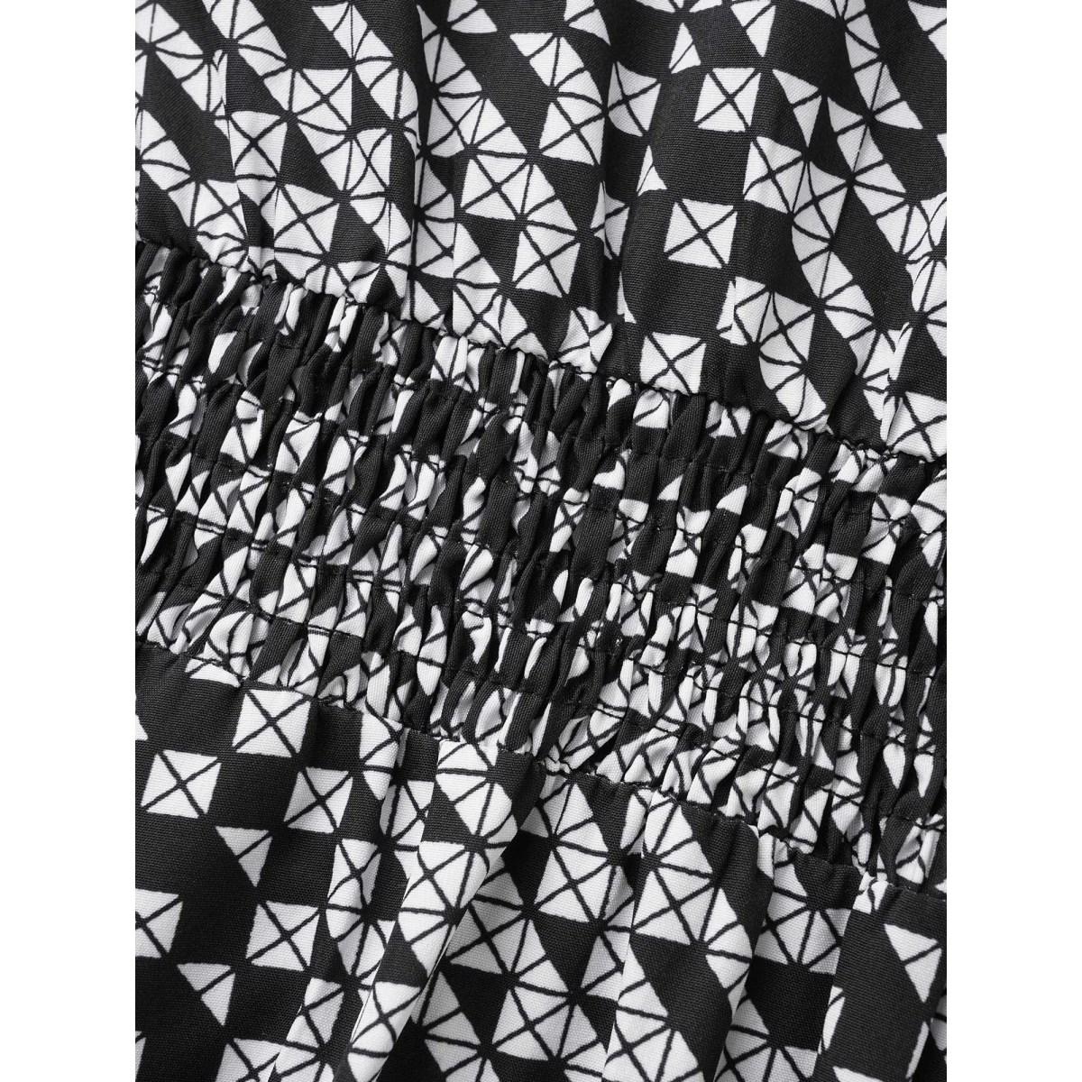 Plus Size Geometric Notched Lantern Sleeve Midi Dress BlackFlower Women At the Office Shirred Flat collar with V-notch Long Sleeve Curvy BloomChic 30/6X Product Image