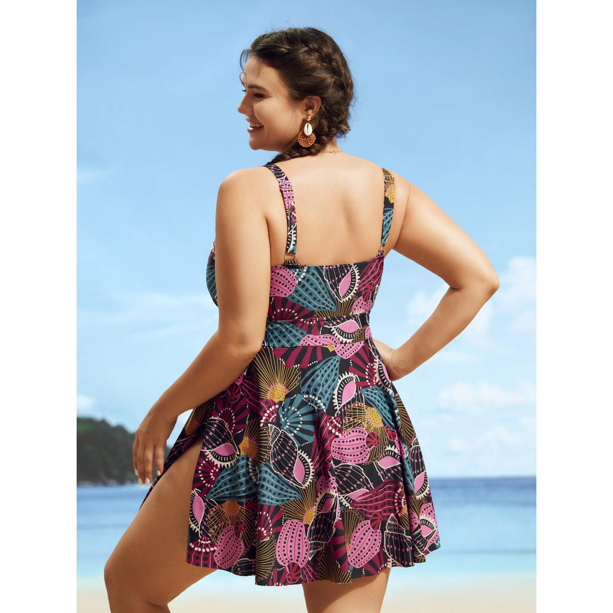 Plus Size V Neck Marine Elements Print Swim Dress Women's Swimwear Multicolor Beach Bodycon V-neck High stretch Curve Swim Dresses BloomChic 22-24/3X Product Image