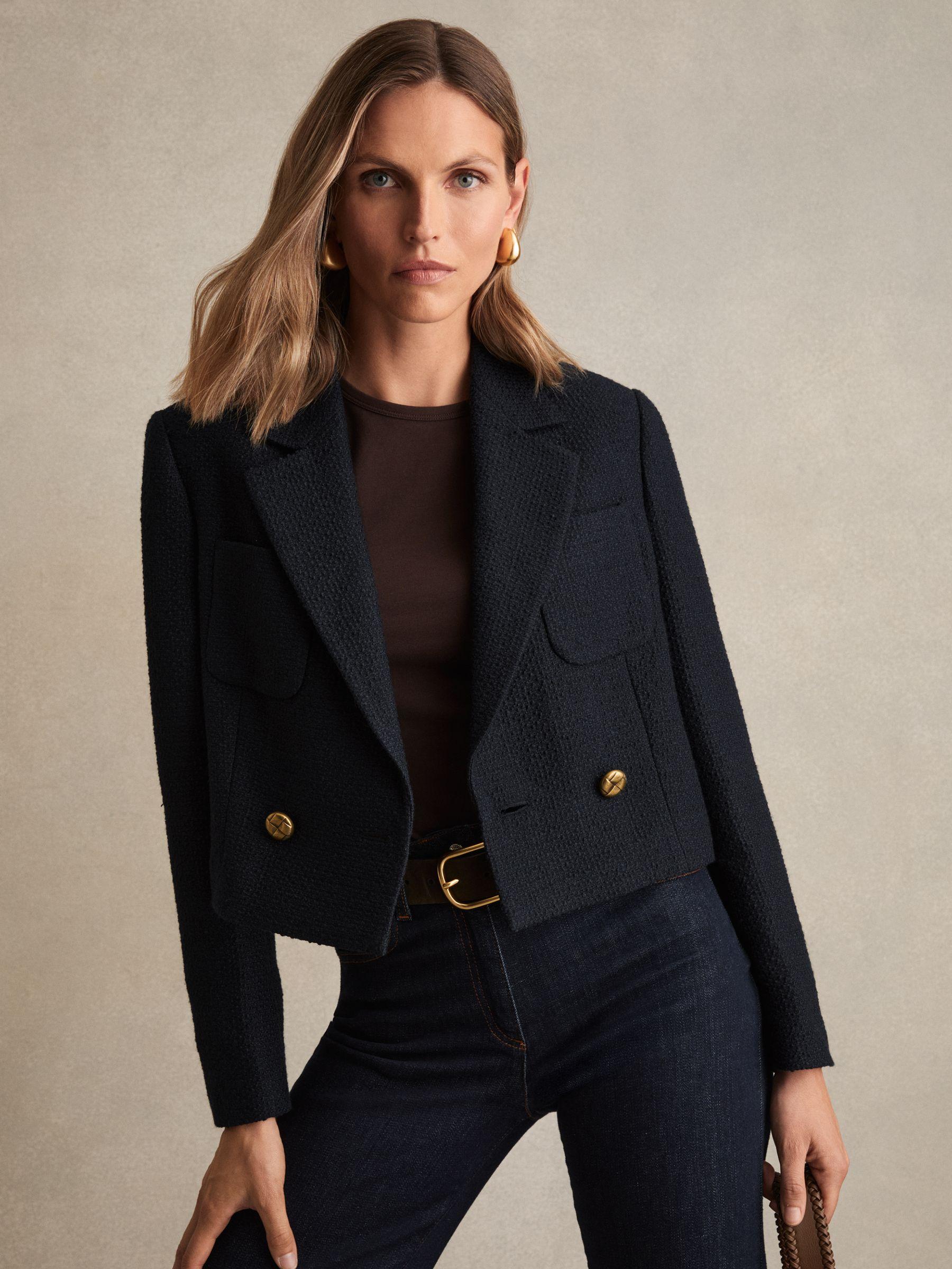 Double-Breasted Textured Cropped Blazer with Wool and Cotton in Navy Product Image