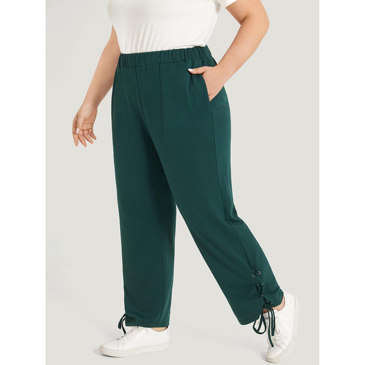 Plain Pocket Elastic Waist Lace Up Side Sweatpants Emerald Plus Size Women Casual Dailywear Plain 10/M Bloomchic Product Image