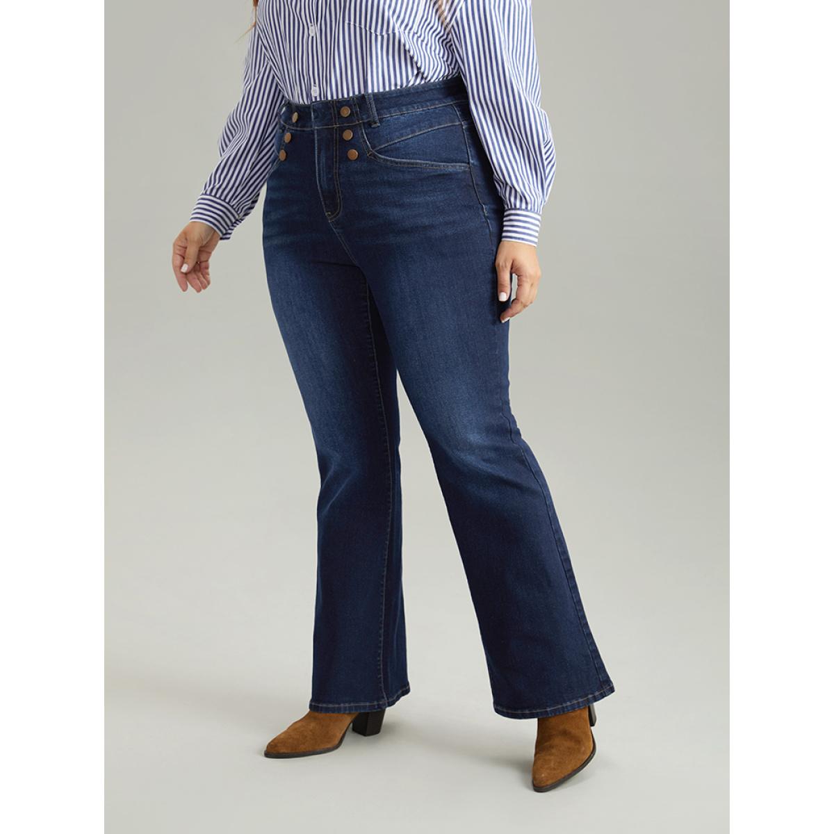 Plus Size Flare Leg Button Detail High Rise Jeans Women DarkBlue Casual Plain Non High stretch Slanted pocket Jeans BloomChic 22/3X Product Image