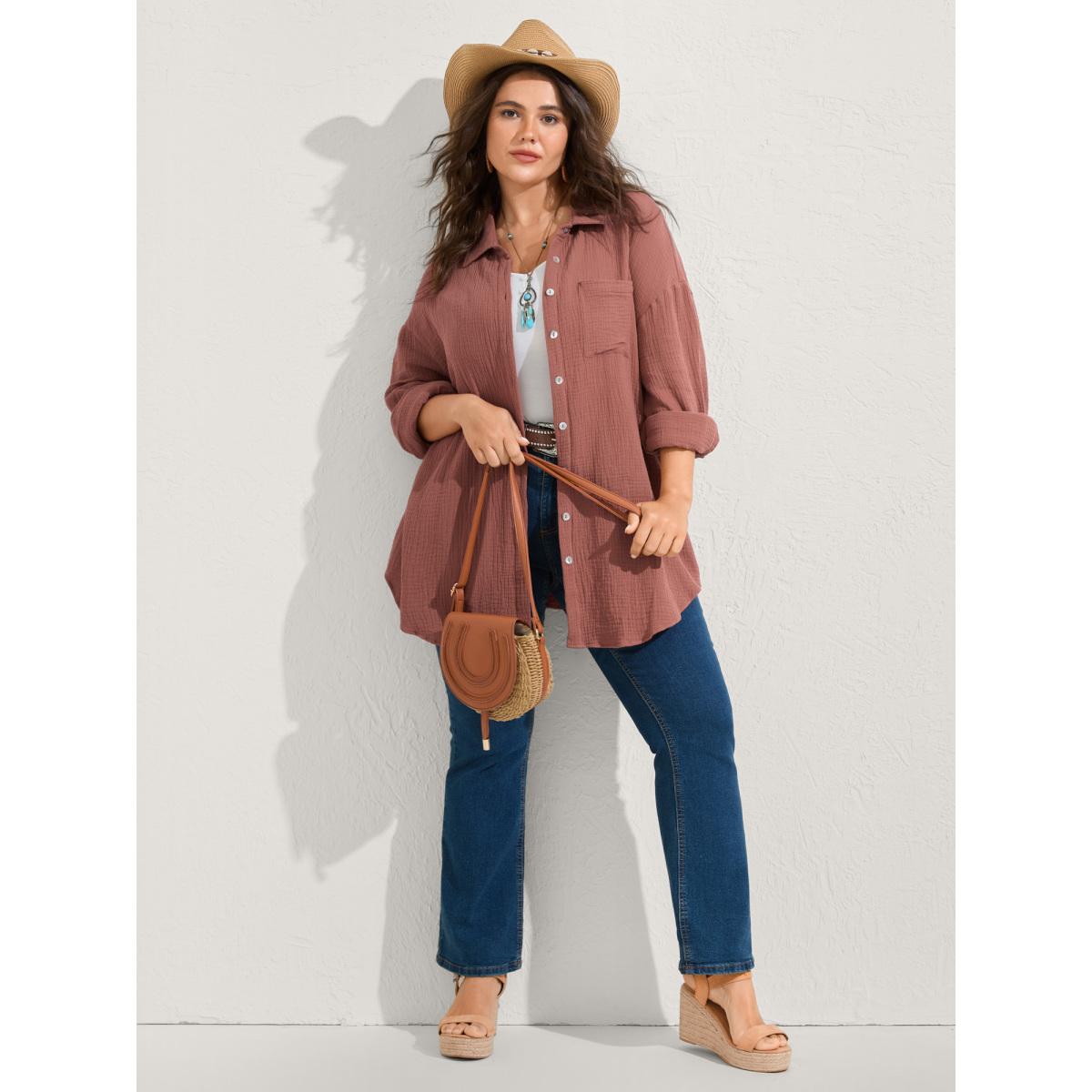 Plus Size Pure Cotton Long Button Down Jacket Women Rust Texture Loose Patch pocket Vacation Jackets BloomChic 30/6X Product Image