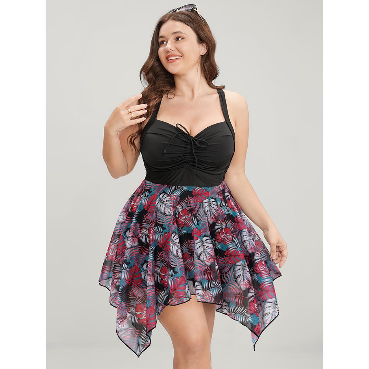 Mesh Adjustable Straps Plus Size Women Tropical Swim Dress Very Stretchy Bodycon Sleeveless V Neck Vacation Swim Dresses BloomChic Product Image