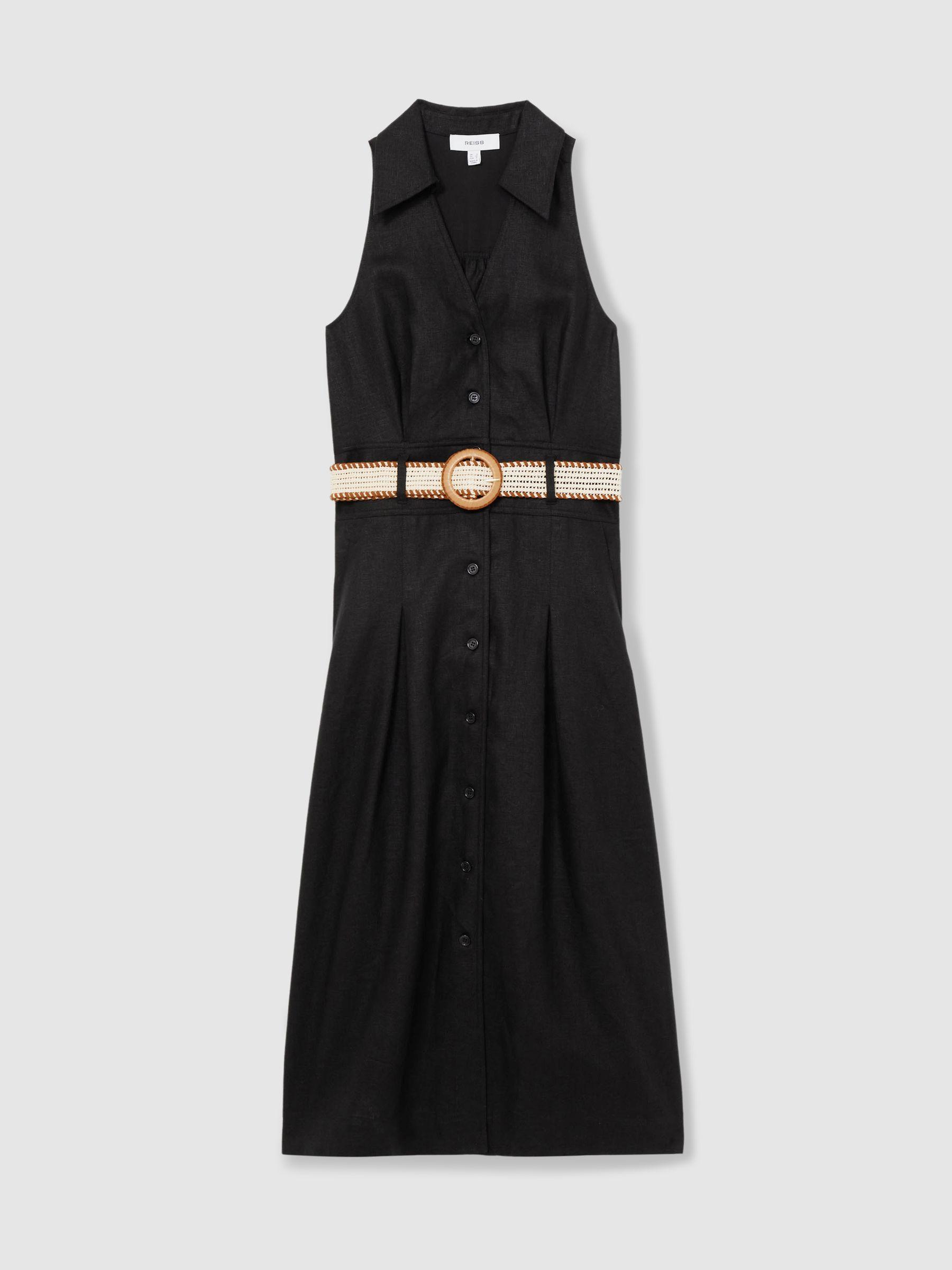 Linen Belted Sleeveless Midi Dress in Black Product Image