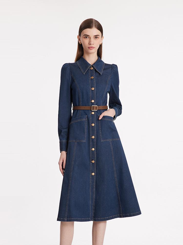 Single-Breasted Lapel Women Midi Denim Dress With Belt Product Image