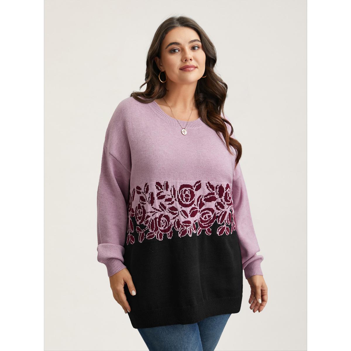 Plus Size Jacquard Floral Pattern Contrast Drop-Shoulder Pullover Black Women Casual Loose Long Sleeve Round Neck Everyday Pullovers BloomChic 18-20/2X Product Image