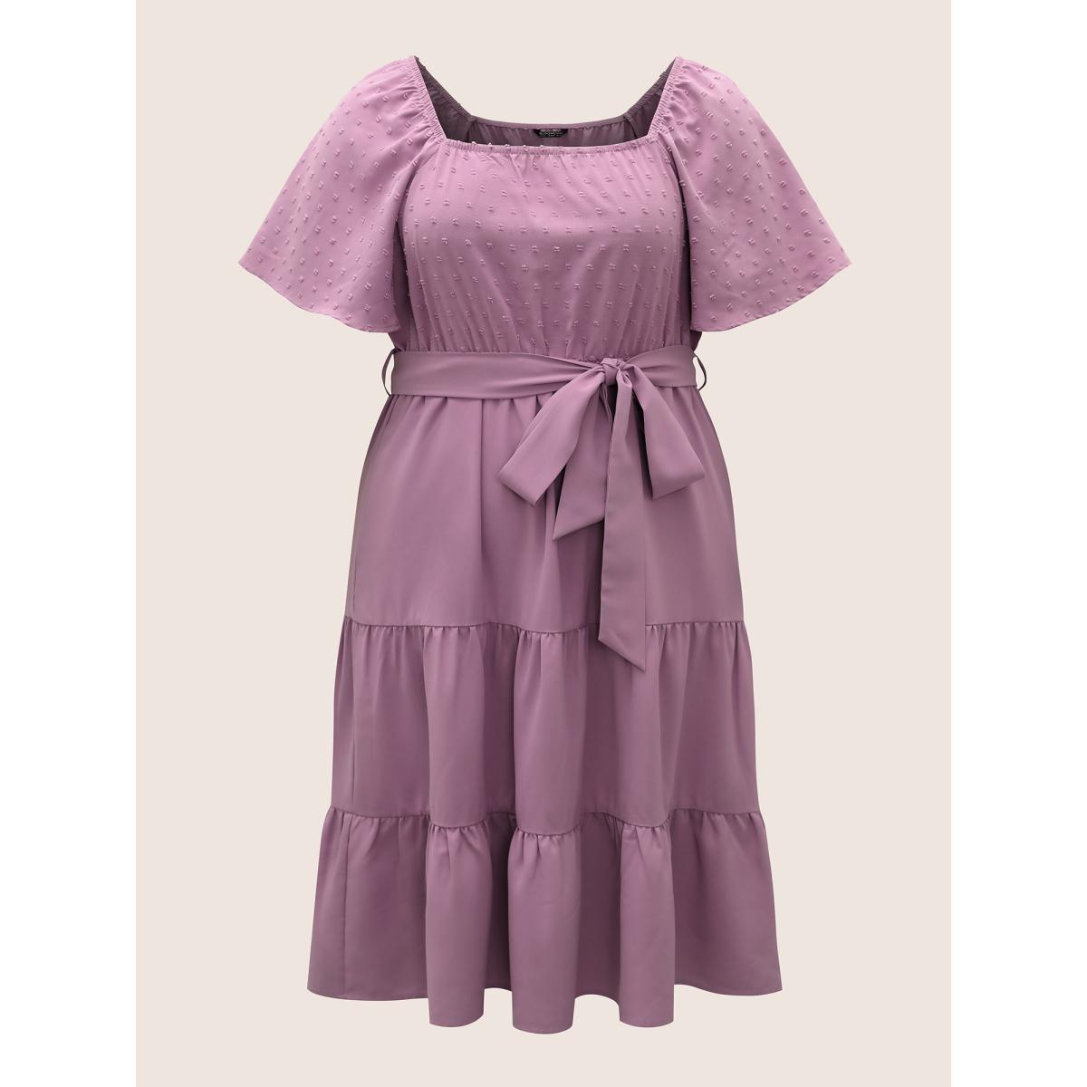 Plus Size Plain Textured Ruffle Layered Hem Belted Dress Lilac Women Elegant Non Square Neck Short sleeve Curvy Midi Dress BloomChic 12/L Product Image