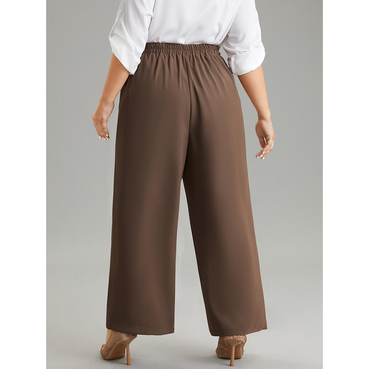 Plus Size Static-Free Button Detail Seam Detail Elastic Waist Pants Women Tan At the Office Wide Leg High Rise Office Pants BloomChic 30/6X Product Image