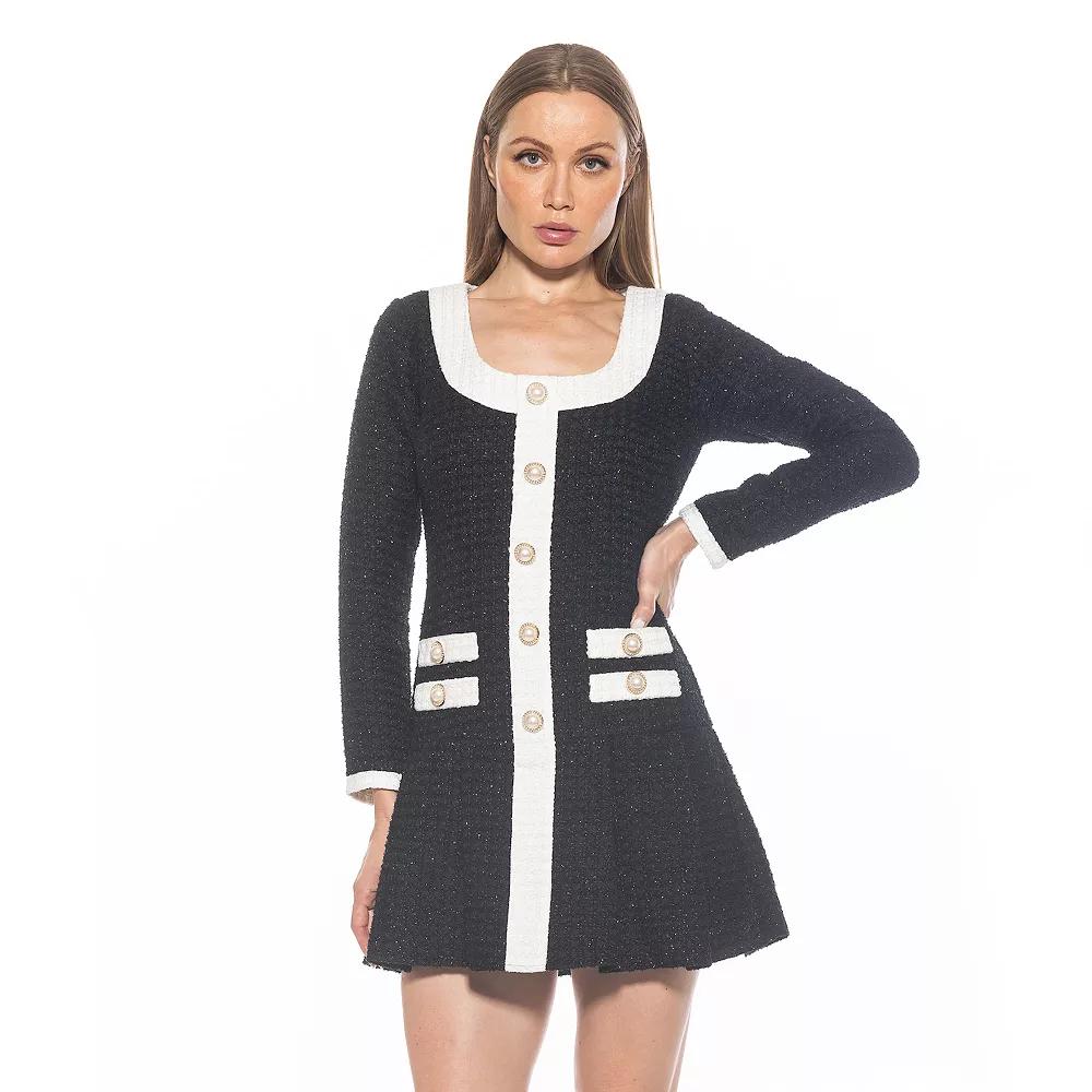 Women's ALEXIA ADMOR Nina Long Sleeve Drop Waist Pleated Dress, Size: 8, Black White Product Image