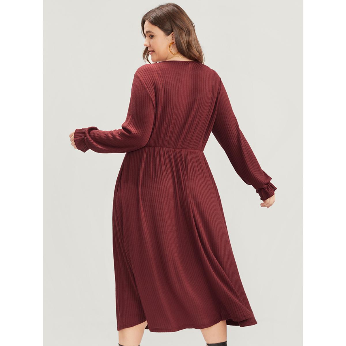 Plus Size Solid Lantern Sleeve Tie Neck Pocket Rib Knit Dress Burgundy Women Casual Pocket V-neck Long Sleeve Curvy Midi Dress BloomChic 28/5X Product Image