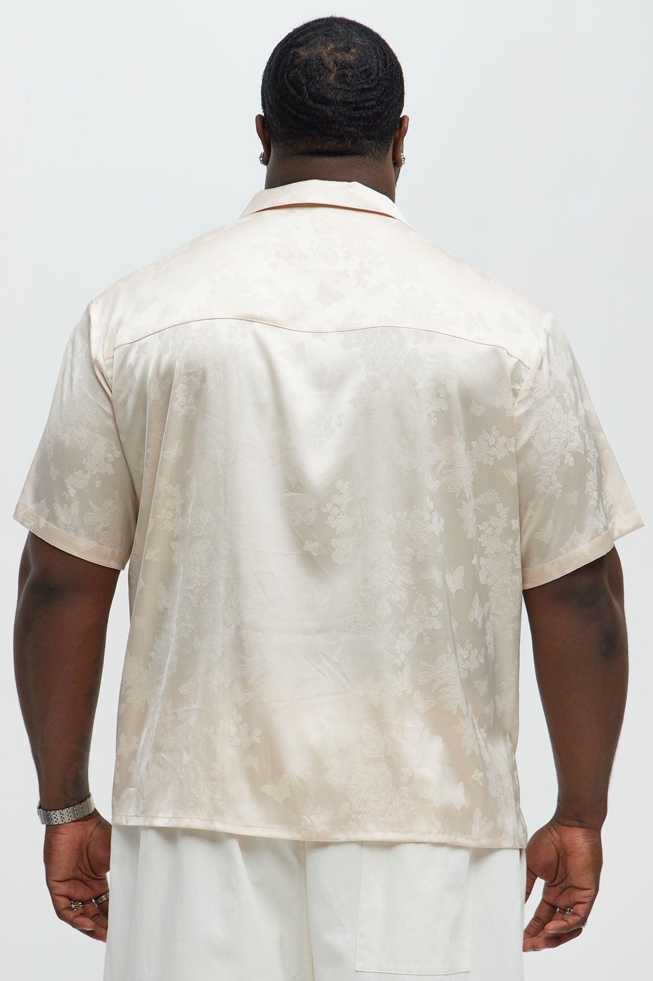 Satin Butterflies Short Sleeve Button Up Shirt - Ivory Male Product Image