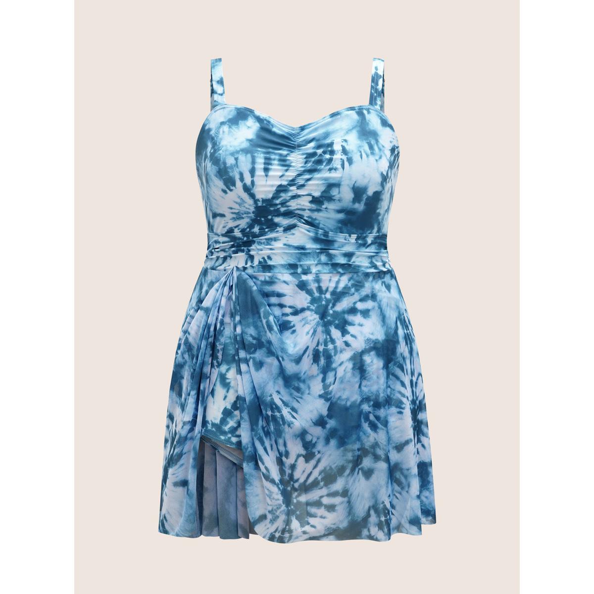 Plus Size Heart Neckline Tie Dye Ruched Swim Dress Women's Swimwear Cerulean Beach Bodycon Heart neckline High stretch Curve Swim Dresses BloomChic 14-16/1X Product Image