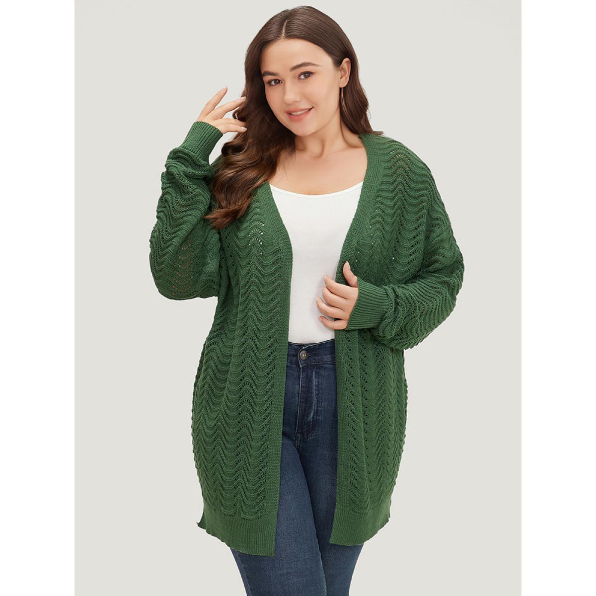 Plus Size Plain Open Front Split Side Cardigan Green Women Casual Loose Long Sleeve Everyday Cardigans BloomChic 26/4X Product Image