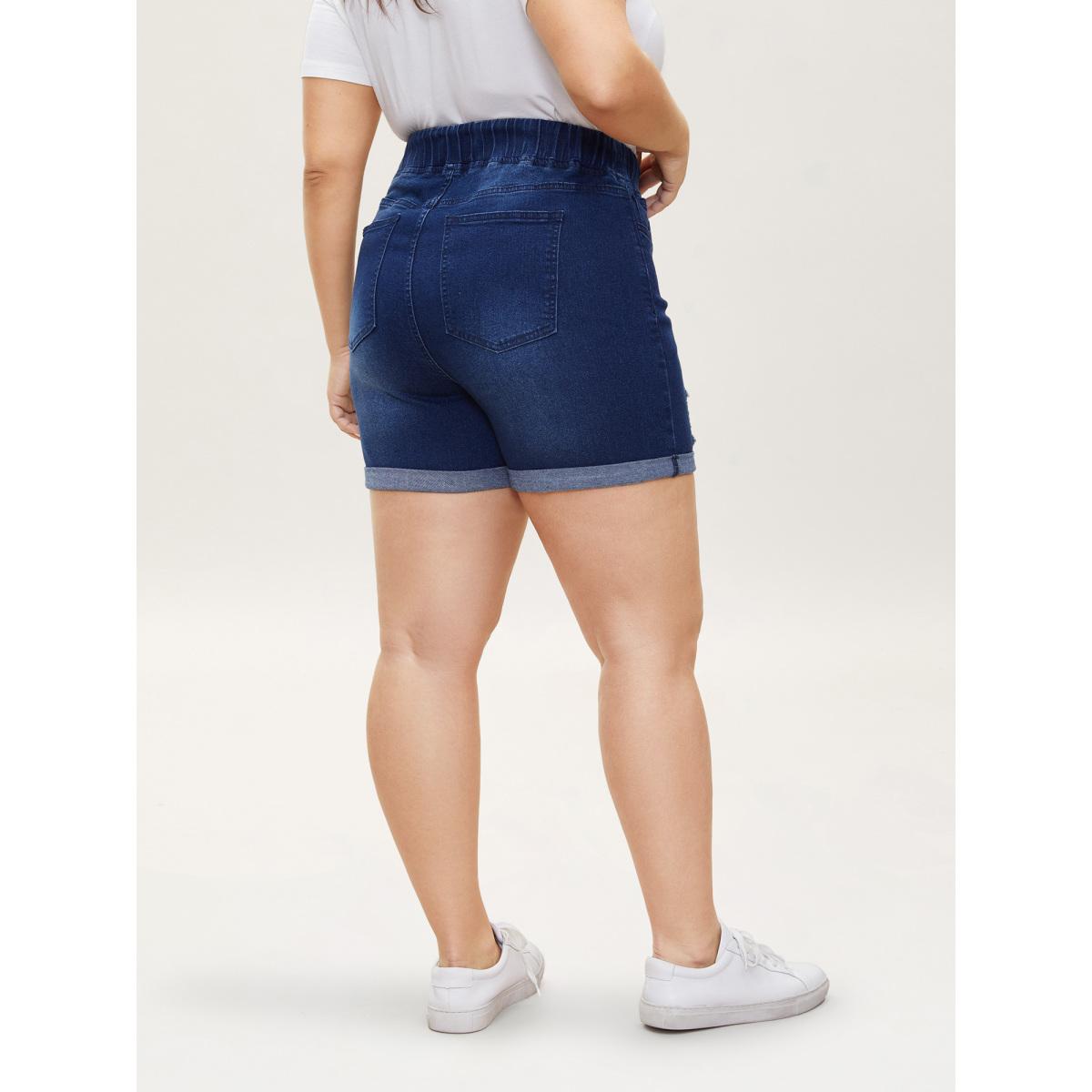 Plus Size Distressed Drawstring Roll Hem Denim Shorts Women Indigo Drawstring High stretch Casual Slanted pocket Leisure Denim Shorts BloomChic 28/5X Product Image