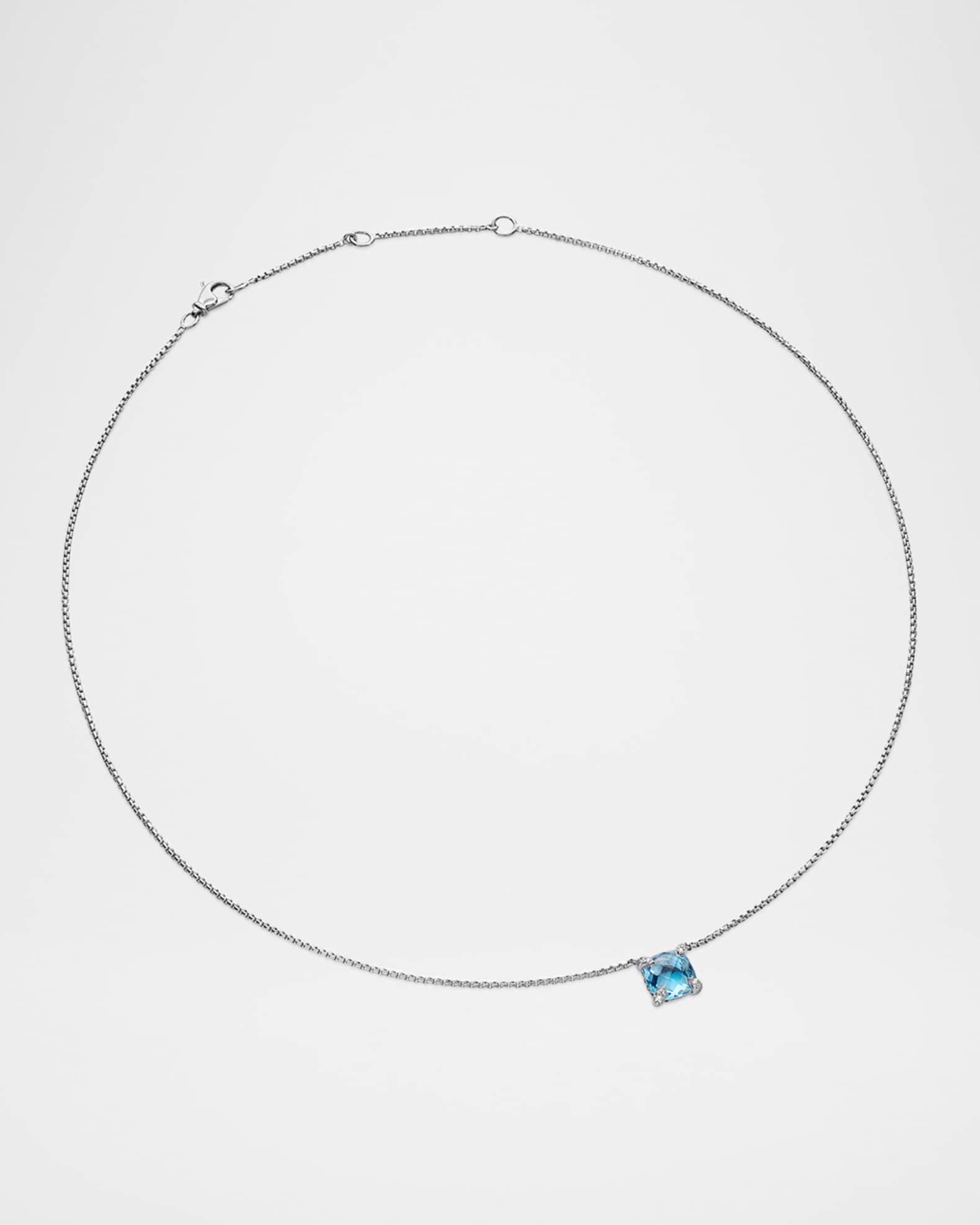 Chatelaine Cushion Pendant Necklace with Gemstone and Diamonds in Silver, 8mm, 16-18"L Product Image