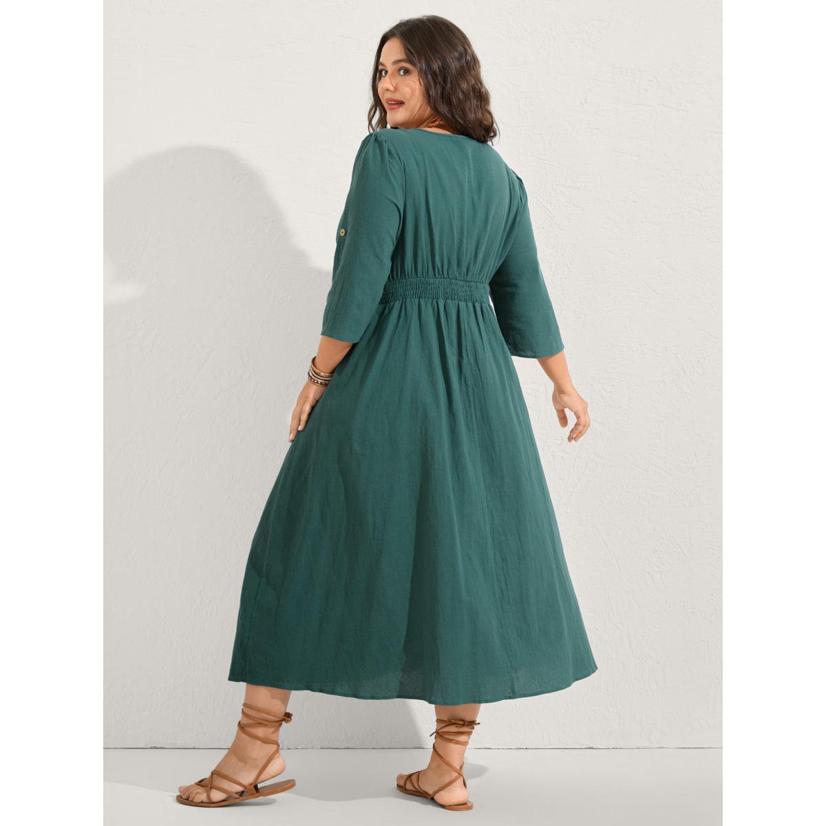 Plus Size Pure Cotton Button Gathered Sleeve Midi Dress Teal Women Boho Gathered V-neck Elbow-length sleeve Curvy BloomChic 26/4X Product Image