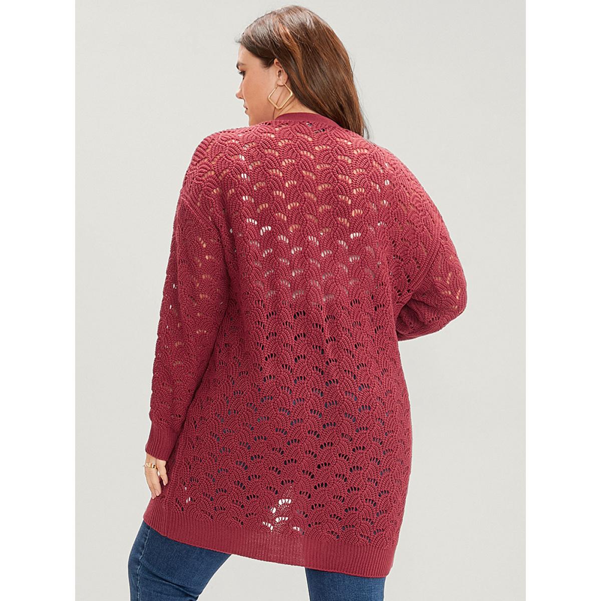 Plus Size Plain Pointelle Knit Cut Out Pocket Open Front Mid Long Cardigan Burgundy Women Casual Loose Long Sleeve Dailywear Cardigans BloomChic 22-24/3X Product Image
