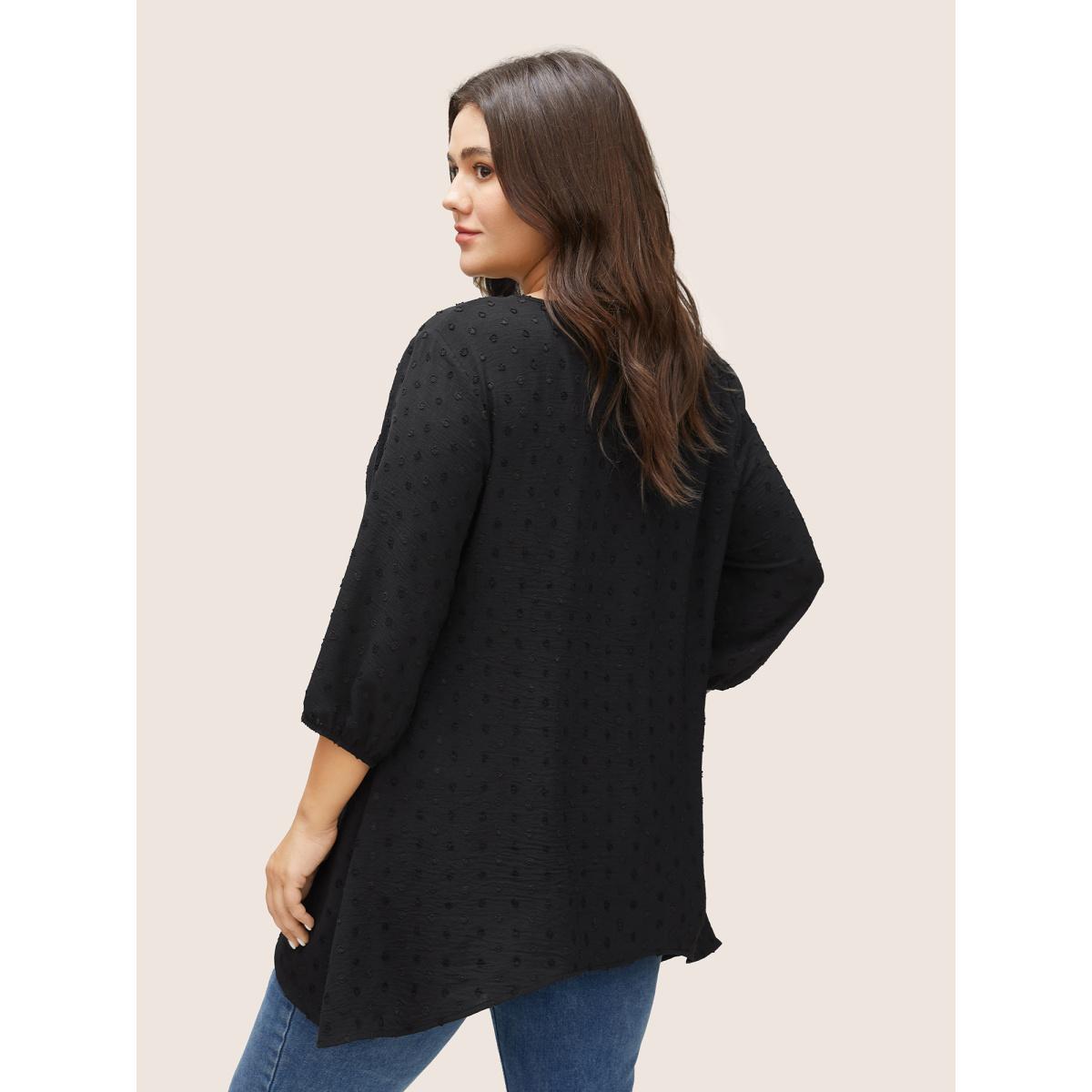 Plus Size Black Texture Drawstring Lantern Sleeve Arc Hem Blouse Women Casual Elbow-length sleeve V-neck Everyday Blouses BloomChic 14-16/1X Product Image