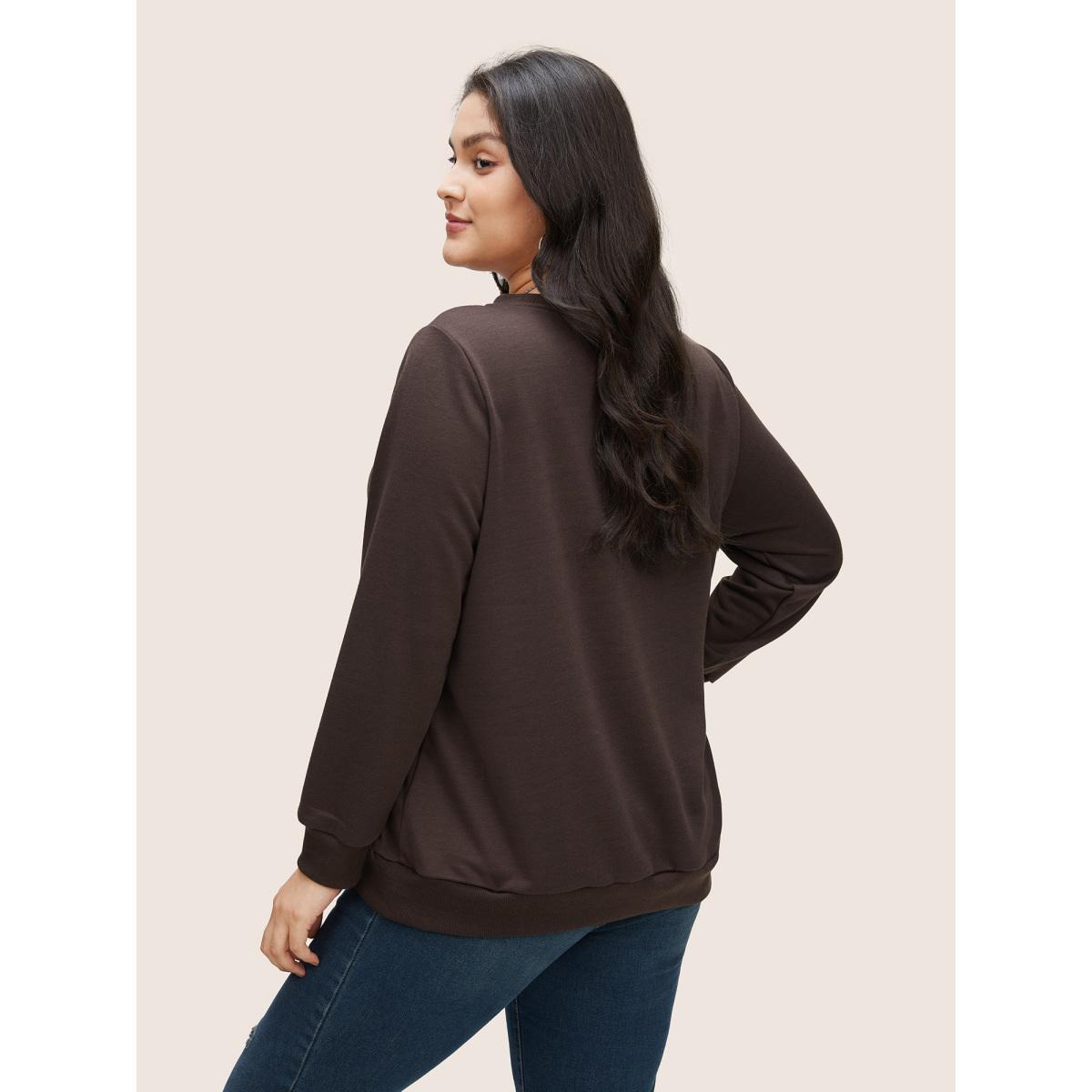 Plus Size Leopard Embroidered Patch Rib Knit Sweatshirt Women DarkBrown Casual Non Round Neck Everyday Sweatshirts BloomChic 18-20/2X Product Image