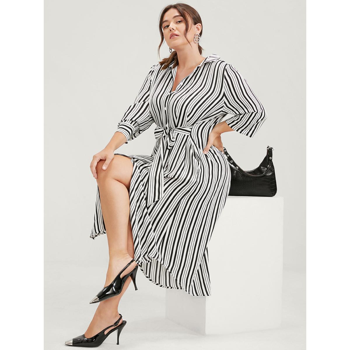 Plus Size Striped Button Pocket Kontted Shirt Collar Arc Hem Dress Black Women Office Arc Hem Shirt collar Long Sleeve Curvy Midi Dress BloomChic 22-24/3X Product Image