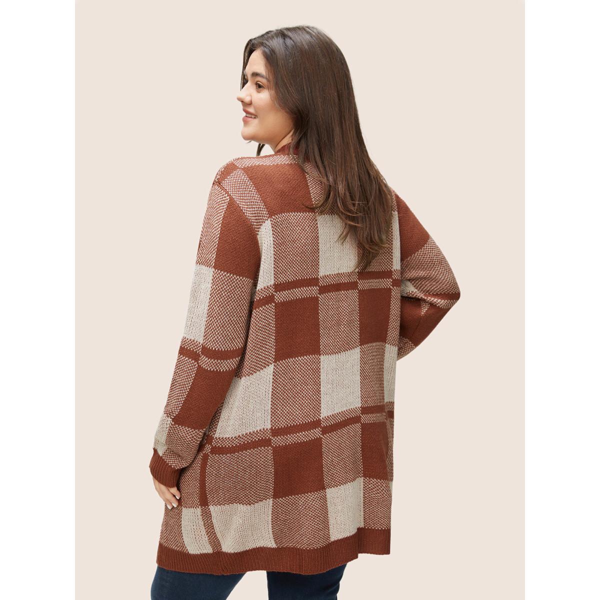 Plus Size Contrast Colorblock Pocket Open Front Cardigan Brown Women Casual Loose Long Sleeve Dailywear Cardigans BloomChic 28/5X Product Image