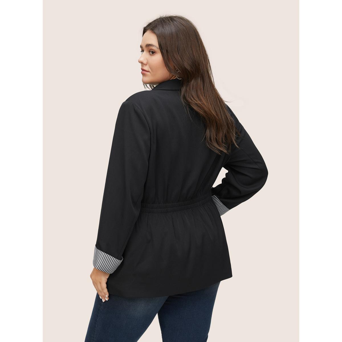 Plus Size Striped Patchwork Drawstring Suit Collar Blazer Black Women Office Striped Non Sleeve Long Sleeve Suit Collar 10/M Slanted pocket At the Office Blazers BloomChic Product Image