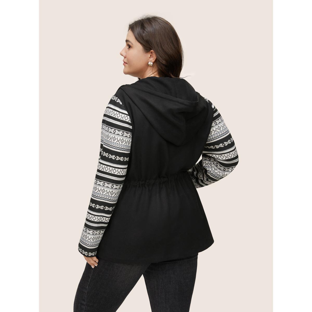 Plus Size Geometric Drawstring Patchwork Hooded Jacket Women Black Non Open pocket with flap Everyday Jackets BloomChic 18-20/2X Product Image