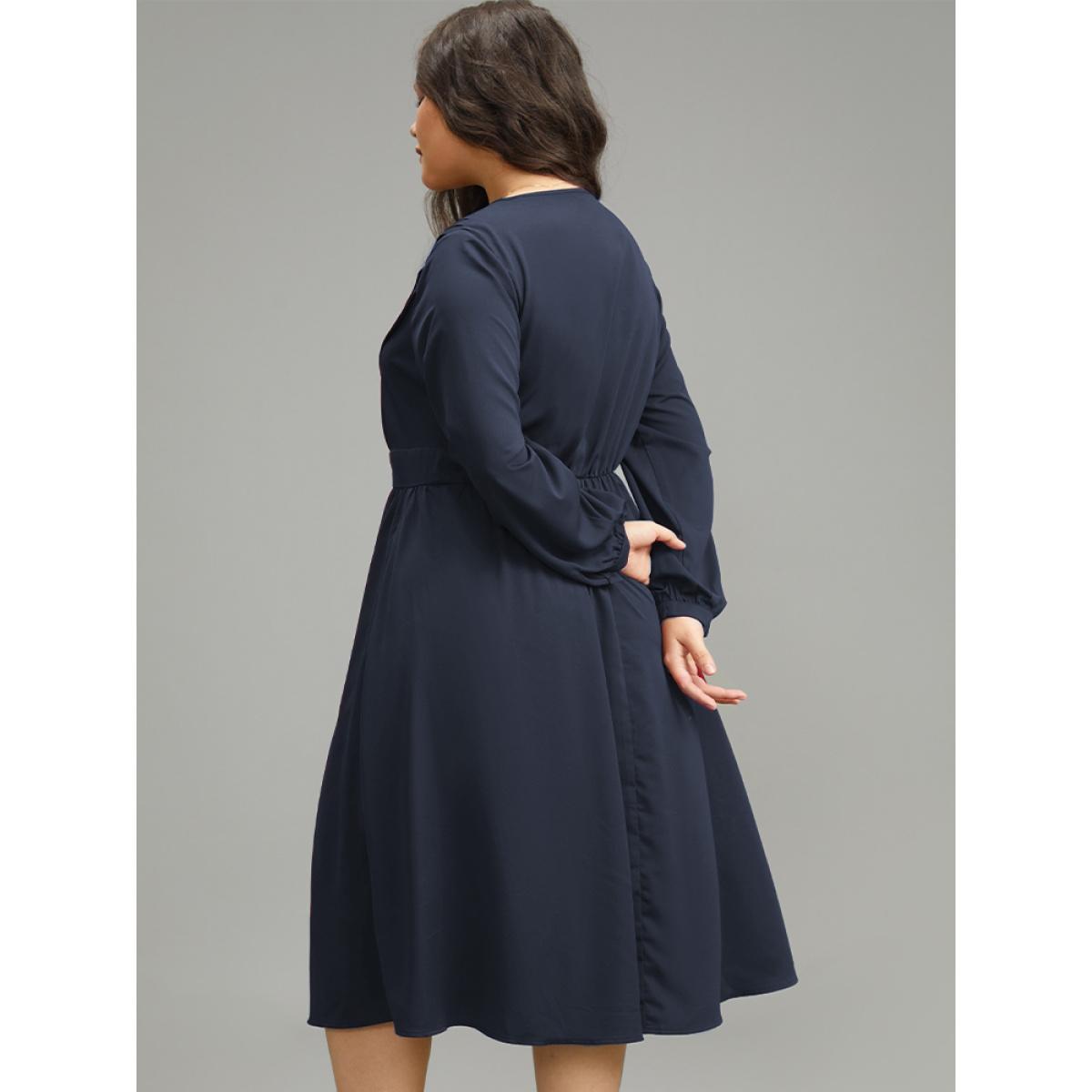 Plus Size Twill Pleated Beaded Long Sleeve Dress DarkBlue Women Elegant Plain V-neck Long Sleeve Curvy Midi Dress BloomChic 22-24/3X Product Image
