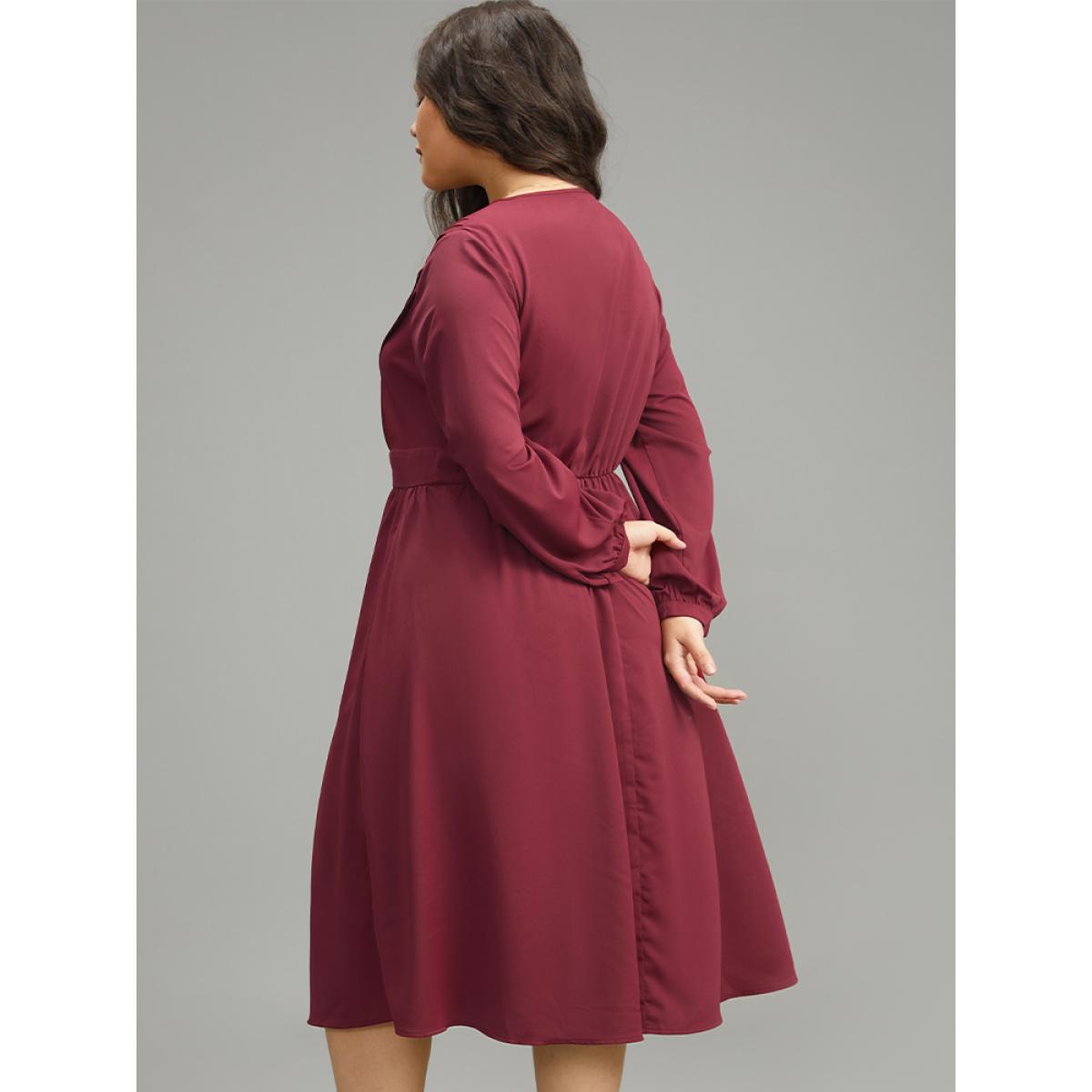 Plus Size Twill Pleated Beaded Long Sleeve Dress DarkBlue Women Elegant Plain V-neck Long Sleeve Curvy Midi Dress BloomChic 22-24/3X Product Image