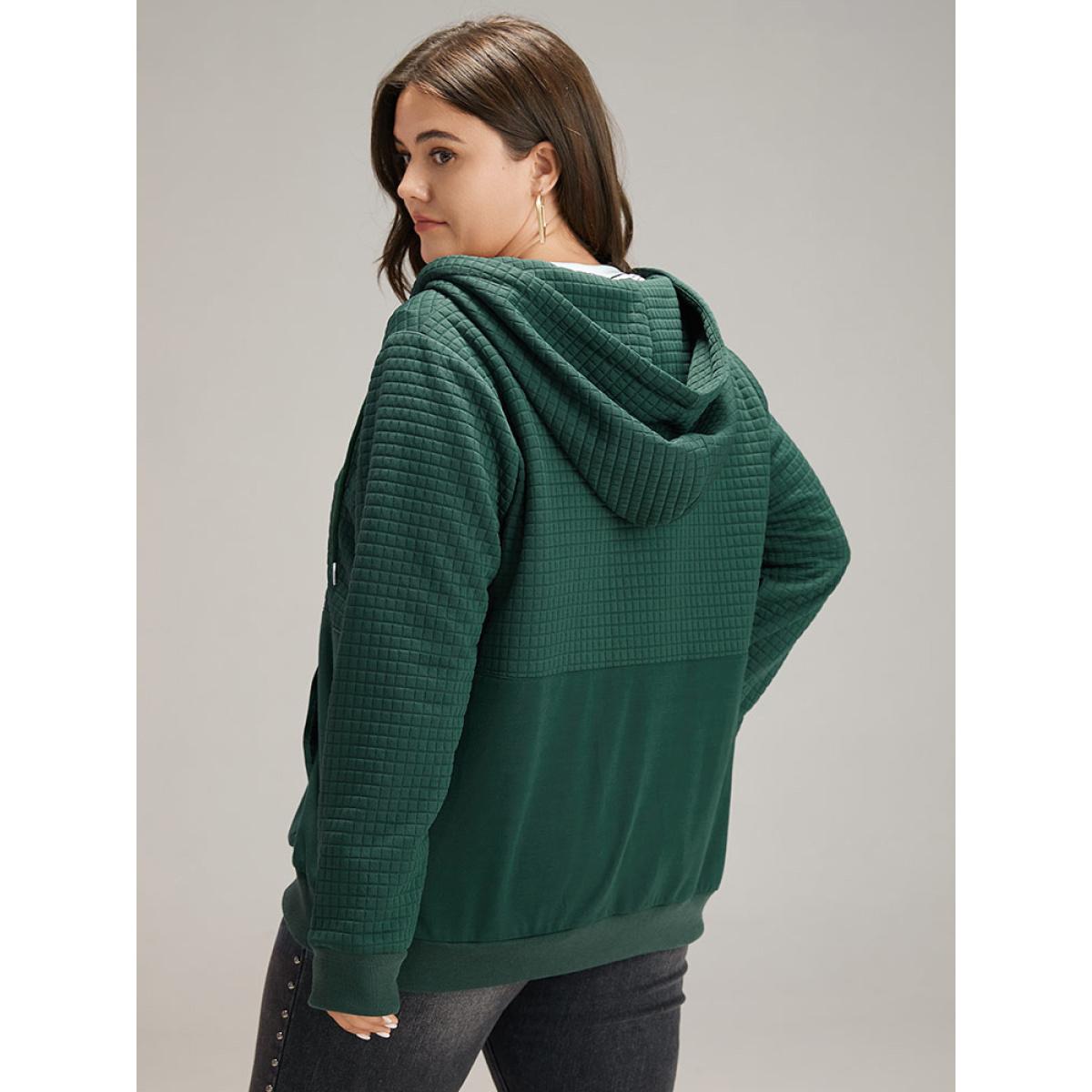 Plus Size Plain Texture Pocket Zipper, Sweatshirt Women DarkGreen Casual Elastic cuffs Hooded Dailywear Sweatshirts BloomChic 26/4X Product Image