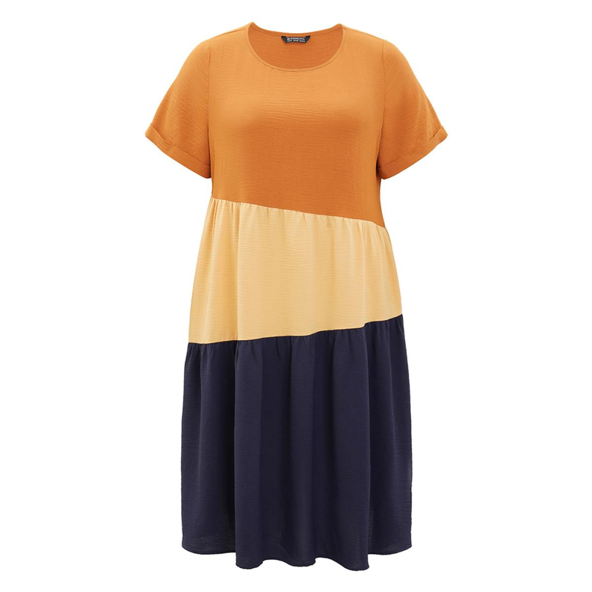 Plus Size Contrast Patchwork Pocket Cuffed Sleeve Dress Multicolor Women Casual Plain Round Neck Short sleeve Curvy Midi Dress BloomChic 10/M Product Image