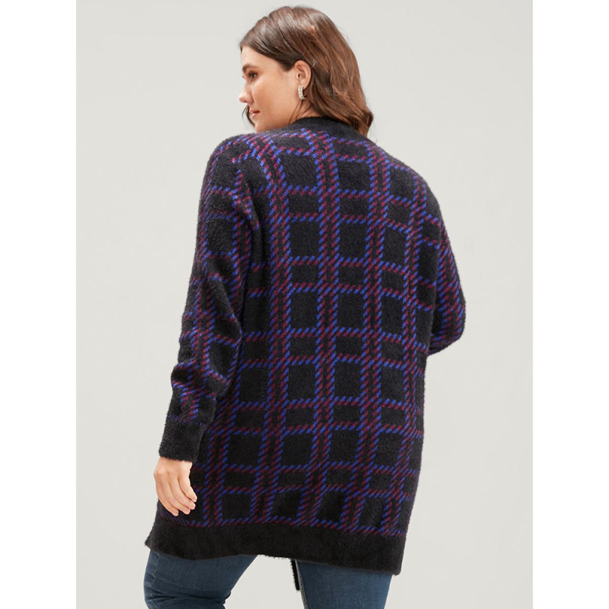 Plus Size Plaid Contrast Soft Sexy Yarn Knit Fluffy Open Front Cardigan BlackFlower Women Casual Loose Long Sleeve Everyday Cardigans BloomChic 10/M Product Image