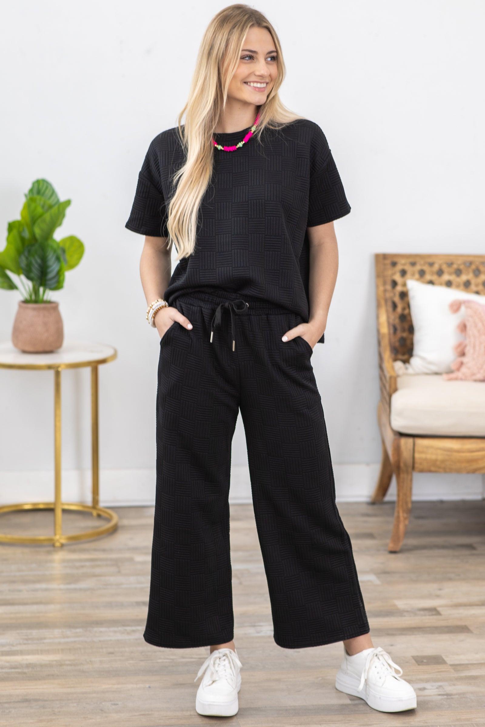 Black Patchwork Textured Wide Leg Pant Set Product Image