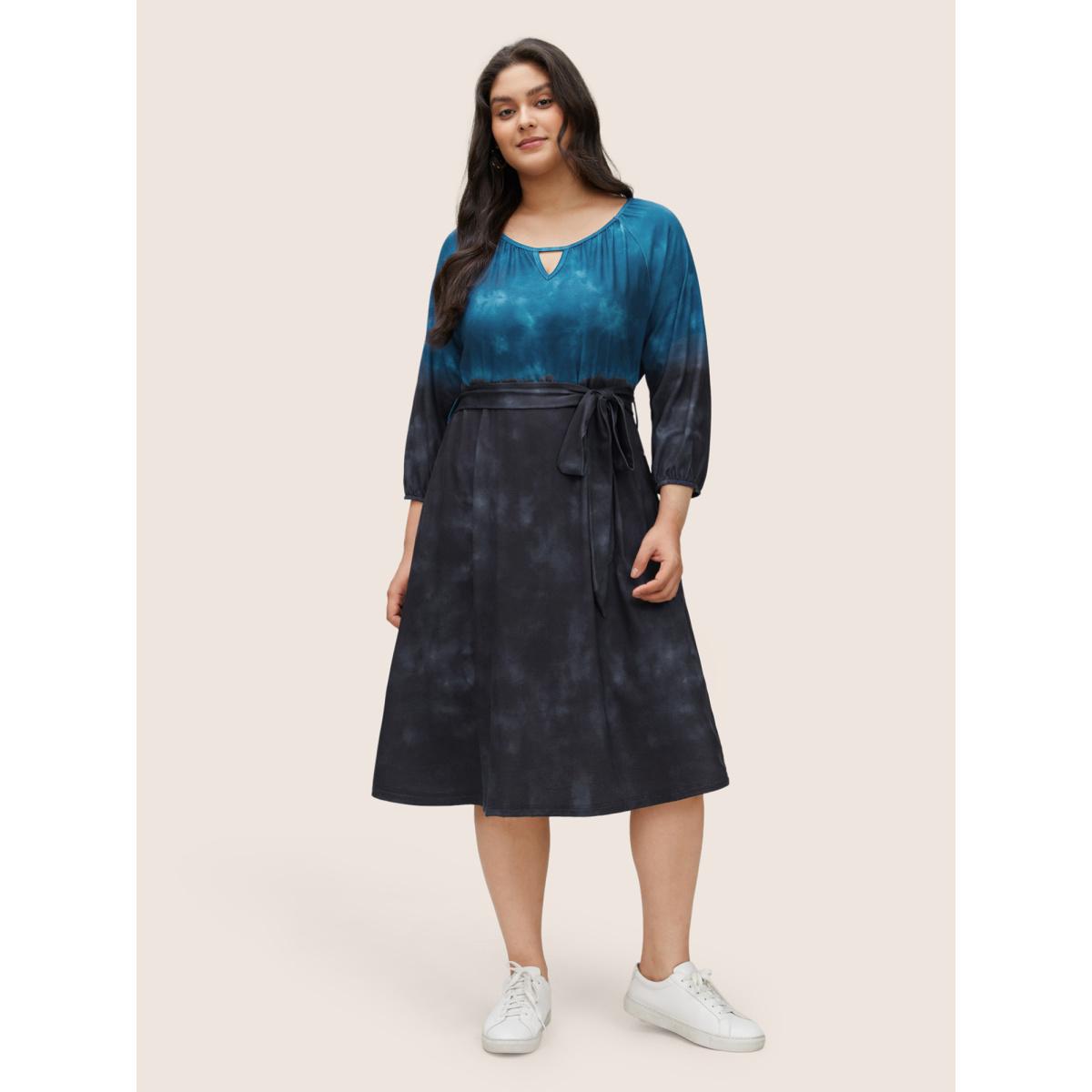 Plus Size Tie Dye Cut Out Belted Elastic Cuffs Dress DarkBlue Women Casual Non Notched collar Elbow-length sleeve Curvy Midi Dress BloomChic 12/L Product Image