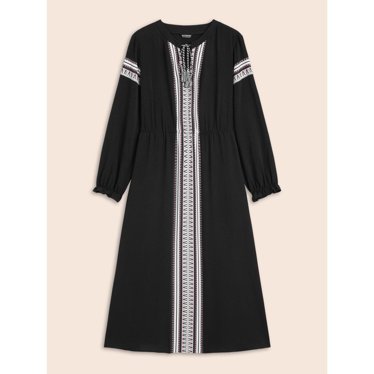 Plus Size Bandana Tie Knot Lantern Sleeve Dress Black Women Resort Woven ribbon&lace trim Flat collar with V-notch Long Sleeve Curvy BloomChic 18-20/2X Product Image