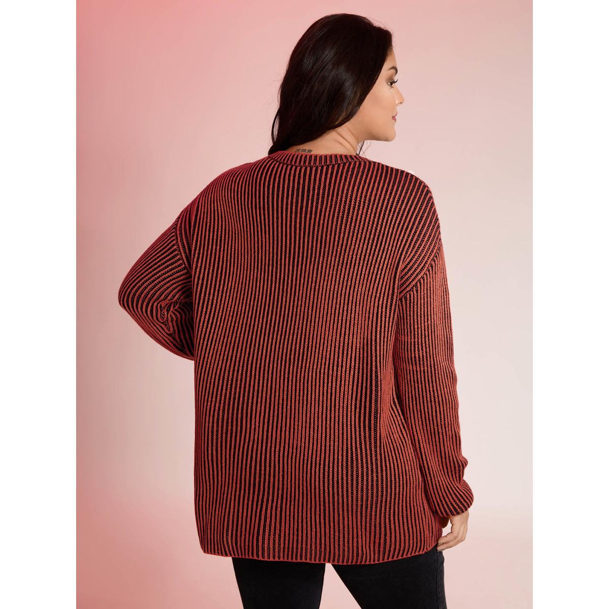 Plus Size Stripe Textured Round Neck Pullover Yellowishbrown Women Leisure Loose Long Sleeve Round Neck Casual Pullovers BloomChic 12/L Product Image