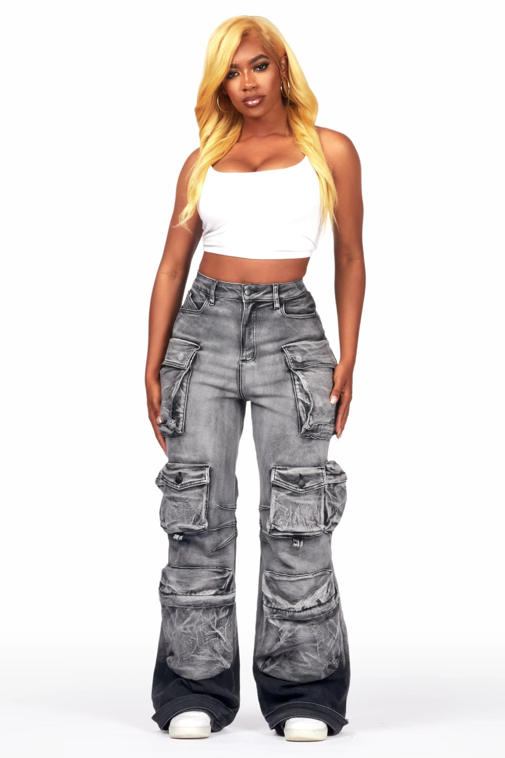 Nakia Grey Wash Cargo Wide Leg Jean Female Product Image
