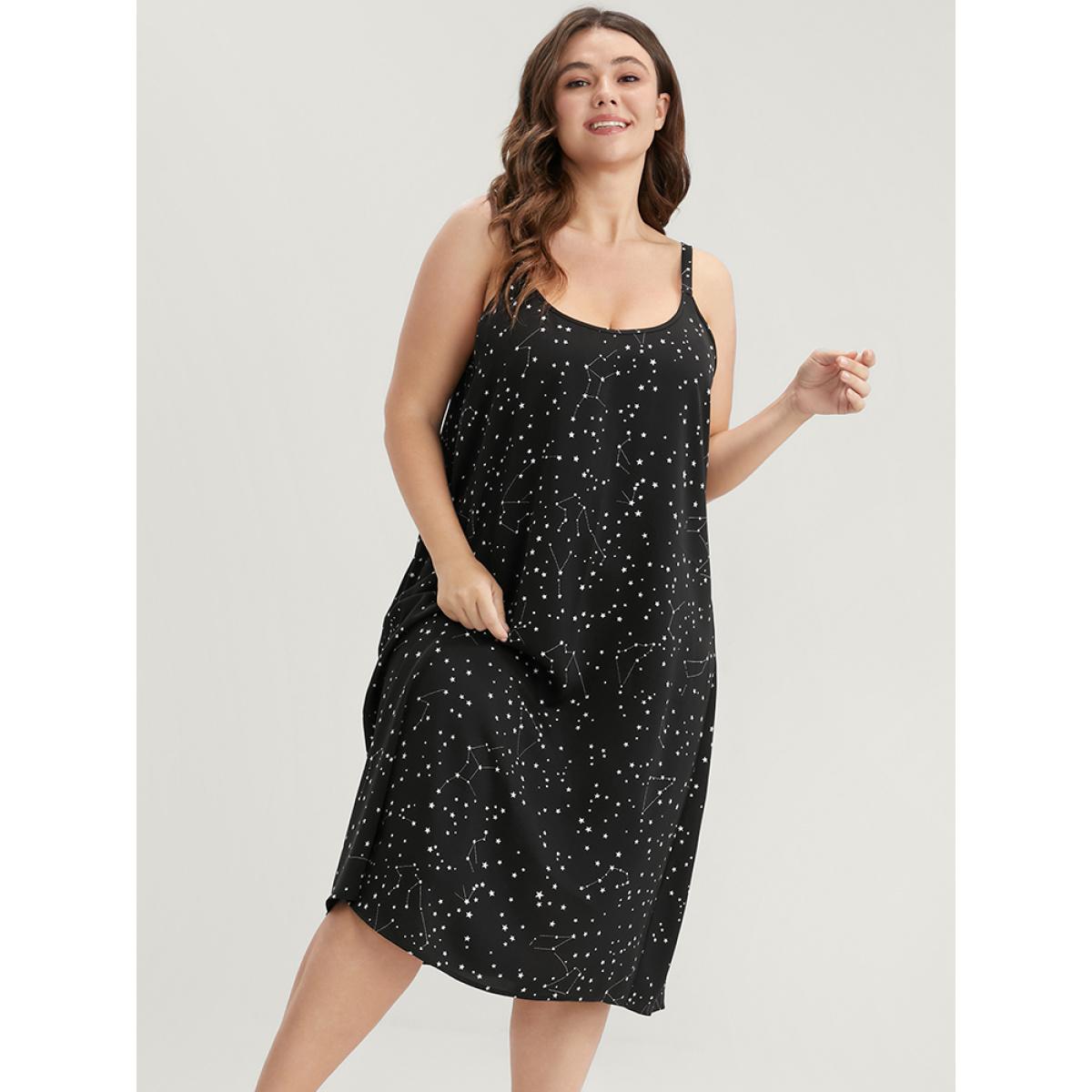Plus Size Star Print Sleeveless Cami Night Dress Women Black Elegant Moon and Star Printed Spaghetti Strap Loungewear BloomChic 10/M Product Image