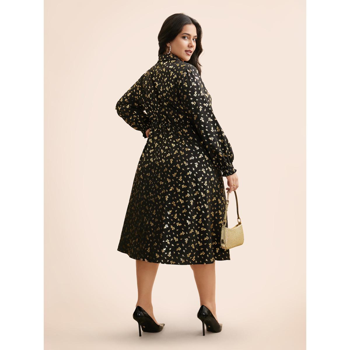 Plus Size Glitter Floral Frill Trim Shirred Dress Black Women Cocktail Texture Party Curvy Bloomchic 30/6X Product Image