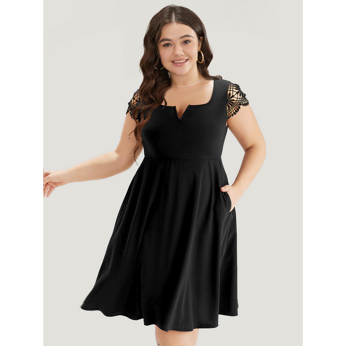 Plus Size Solid Notched Pocket Cut Out Patchwork Dress Black Women Office Patchwork Notched collar Sleeveless Curvy Midi Dress BloomChic 18-20/2X Product Image