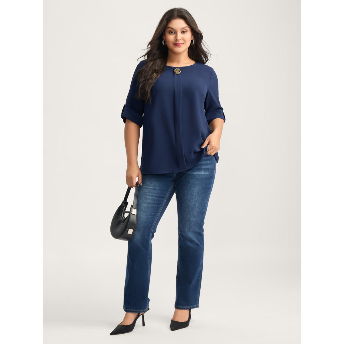 Plus Size DarkBlue Metal Button Pleated Front Blouse Women Elbow-length sleeve Round Neck Work Blouses BloomChic 22-24/3X Product Image