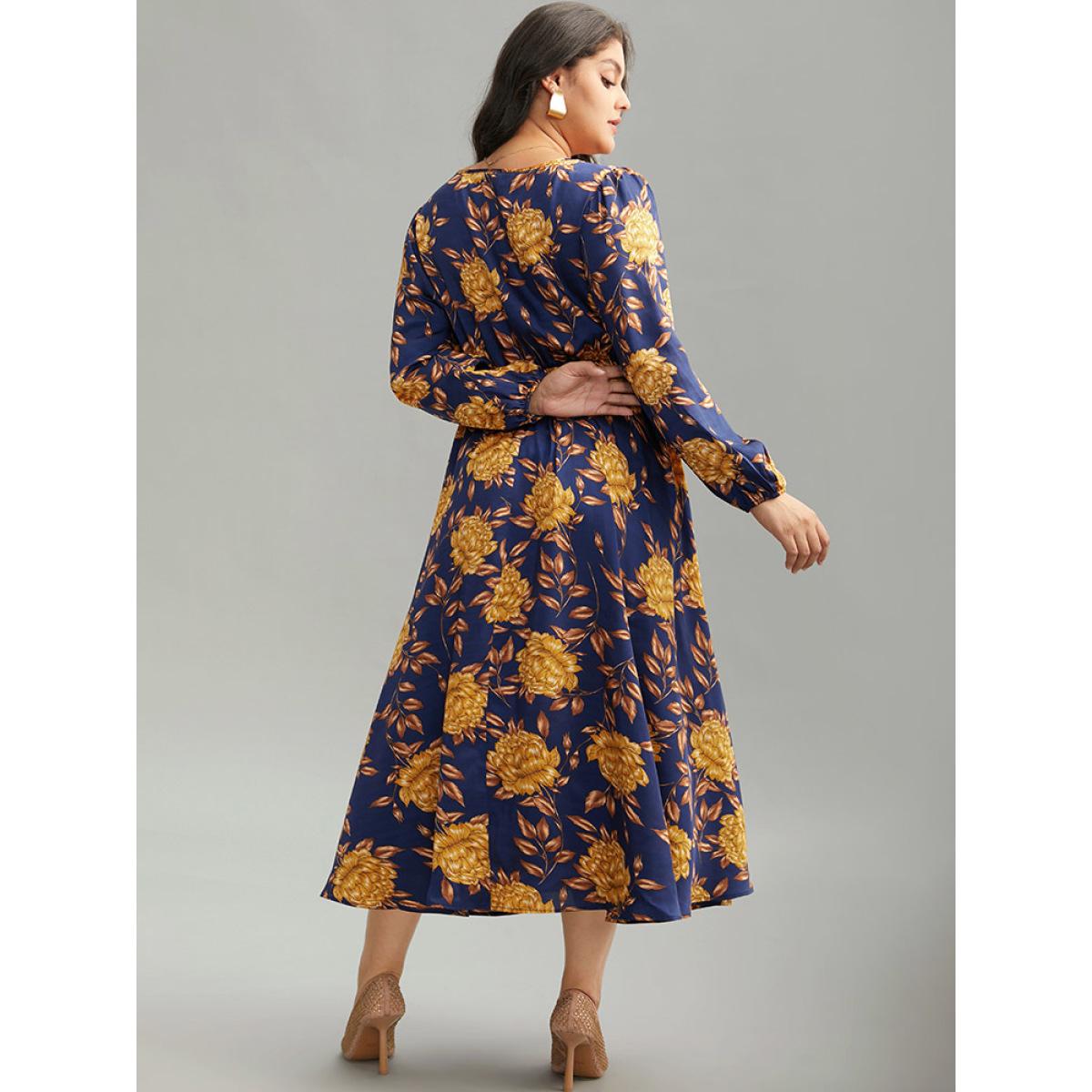 Plus Size Floral Elastic Waist Wrap Split Hem Dress DarkBlue Women Elegant Elastic cuffs Overlap Collar Long Sleeve Curvy Midi Dress BloomChic 18-20/2X Product Image